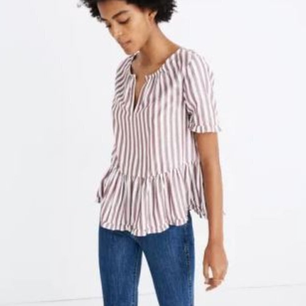 Madewell Women Red Stanza Stripe Ruffle-Hem Peplum Short Sleeve Top Small